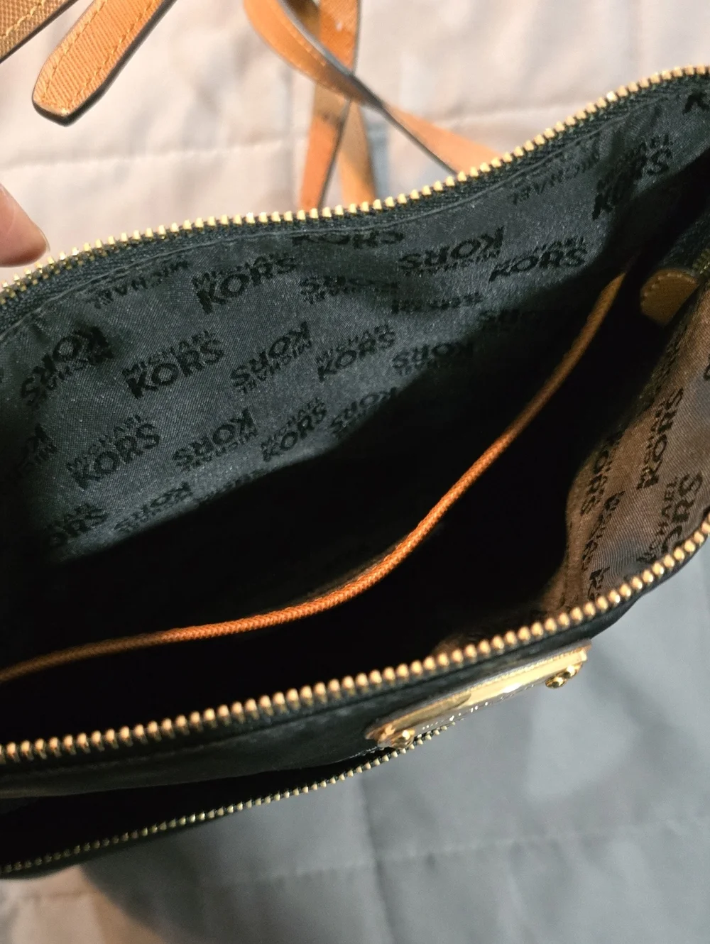 Michael Kors Black Crossbody Bag with Tan Trim and Gold Hardware